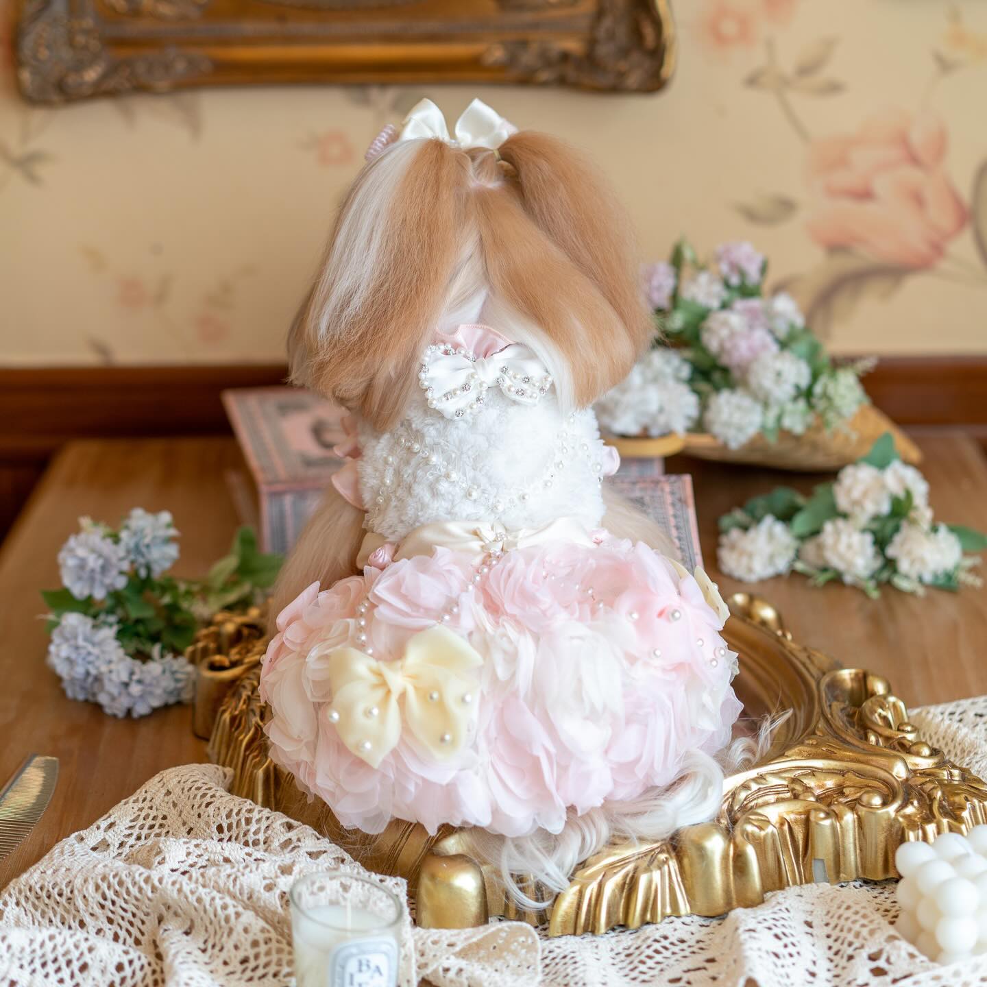 Luxury design Pearl Rose Fur dog Princess Dress
