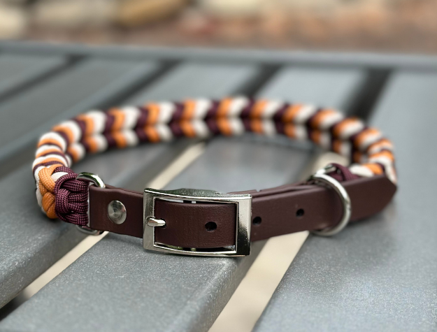 Coiled Charm Hand Braided Dog Collar in Mustard, Burgundy, & Cream