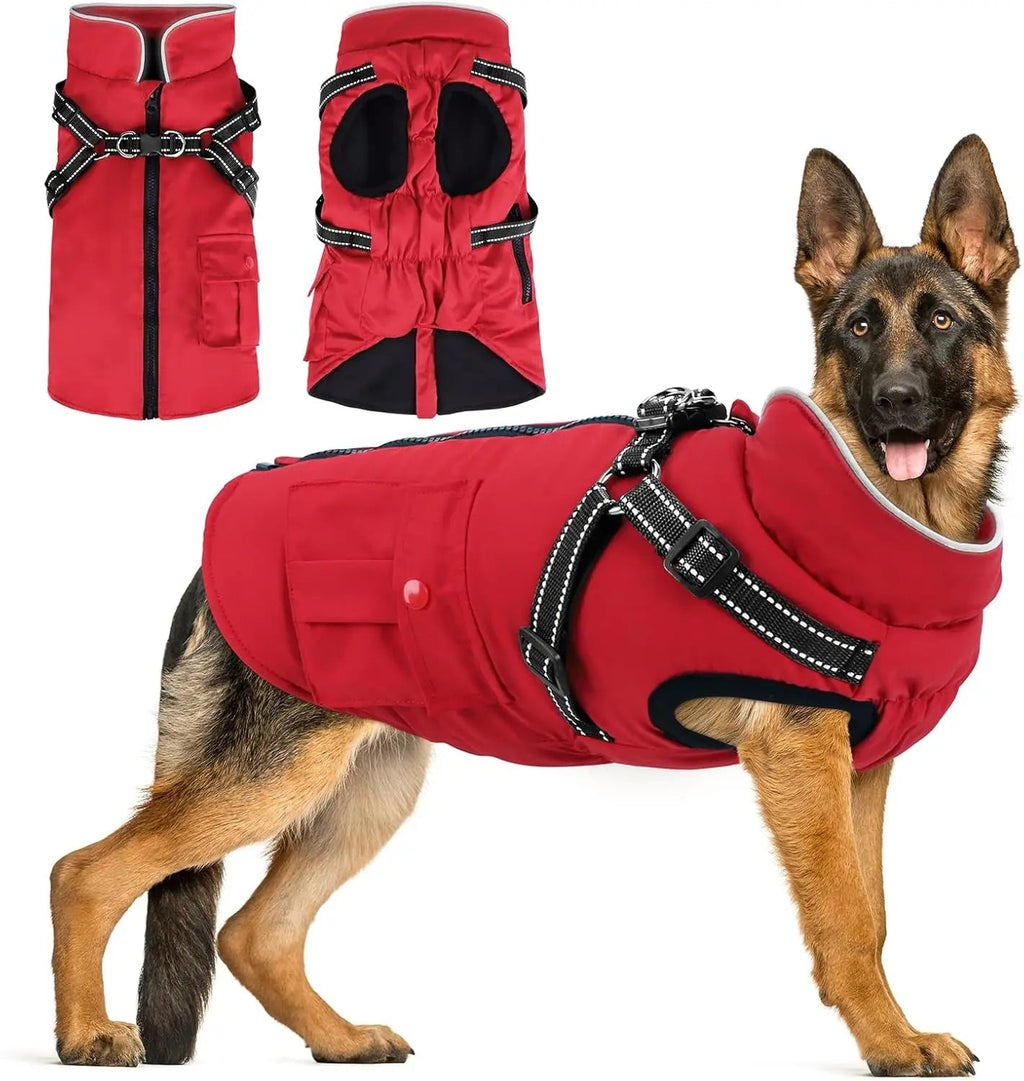 Dog Winter Coat- Built-In Harness – Waterproof Reflective Fleece Jacket XS–XXL