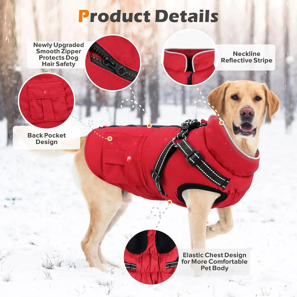 Dog Winter Coat- Built-In Harness – Waterproof Reflective Fleece Jacket XS–XXL