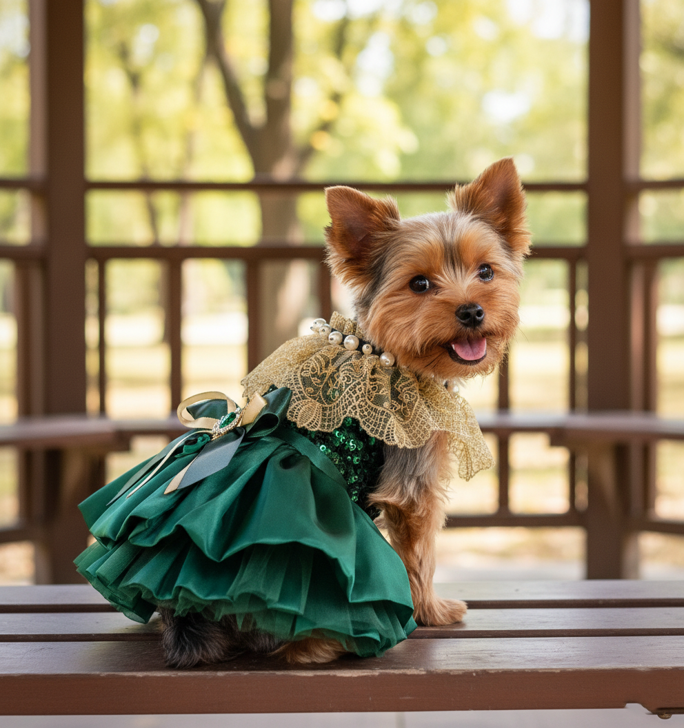 Dog Dress Green Velvet Emerald Pearl