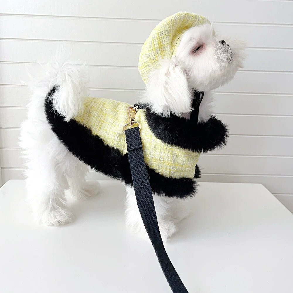 Dog cape+leash sets yellow tweed (no hat)