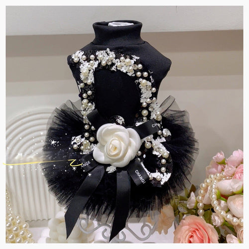 Black Pearl Sequin Pet Tutu Dress with 3D Flower - Formal Party Look