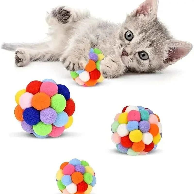 Cat Plush Bell Ball Toy – Colorful Woolen Self-Play Ball